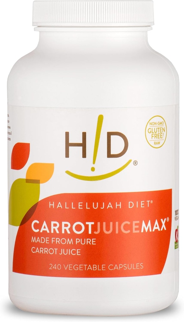 Hallelujah Diet CarrotJuiceMax Capsules vegitables - Fabriqué à partir de jus de carottes biologiques, Pas d'ingrédients artificiels, Vitamines naturelles et minéraux, Supplément antioxydant (240 Capsules végétaliennes)