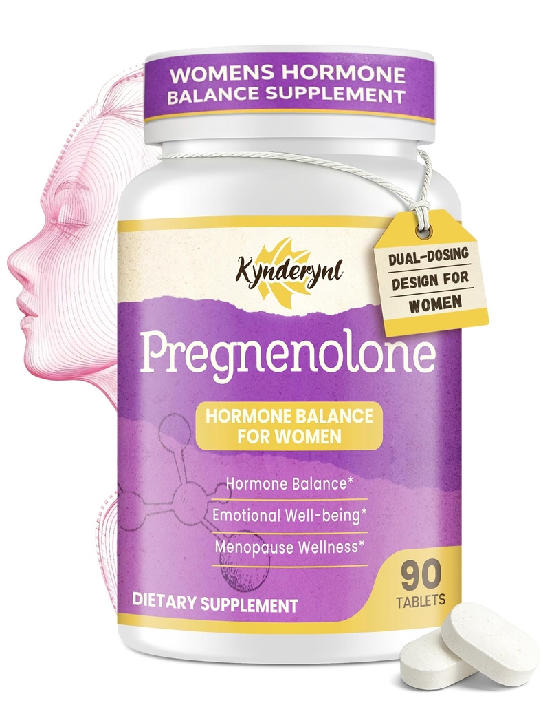 Pregnenolone with Ashwagandha for Women, Pregnenolone 100mg (2 Tablets) or 50mg (1 Tablet) Dose, 8-in-1 Formula with DHEA, Black Cohosh, Dual-Dosing, Vegan, Gluten Free, 90 Chewable Tablets