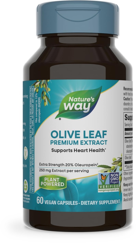 Nature's Way Olive Leaf, Premium Extract, soutient la santé cardiaque*, 20% Oleuropein, 250 mg par portion, Projet non-OGM vérifié, 60 Capsules Vegan (Emballage May Vary)