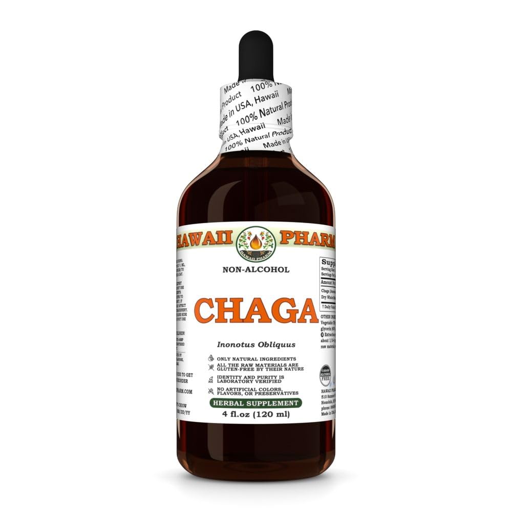 Chaga (Inonotus Obliquus) Dry Whole Mushroom Glycerite, Made in Hawaii, All Natural, Vegan, Lab Tested Alcohol-Free Liquid Extract - 4 fl.oz