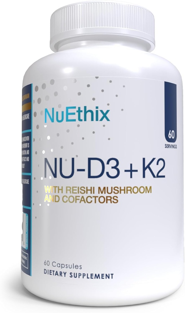 Formules NuEthix NU-D3 + K2 - Suppléments en vitamine D3 et K2 5000 iu - emballés avec du champignon Reishi, du magnésium et du zinc - 60ct, 60 portions - Fabriqués aux États-Unis Produits seulement