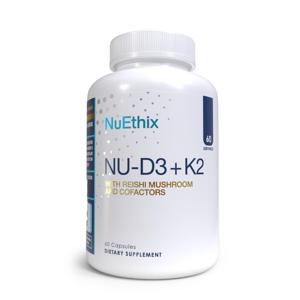 Formules NuEthix NU-D3 + K2 - Suppléments en vitamine D3 et K2 5000 iu - emballés avec du champignon Reishi, du magnésium et du zinc - 60ct, 60 portions - Fabriqués aux États-Unis Produits seulement