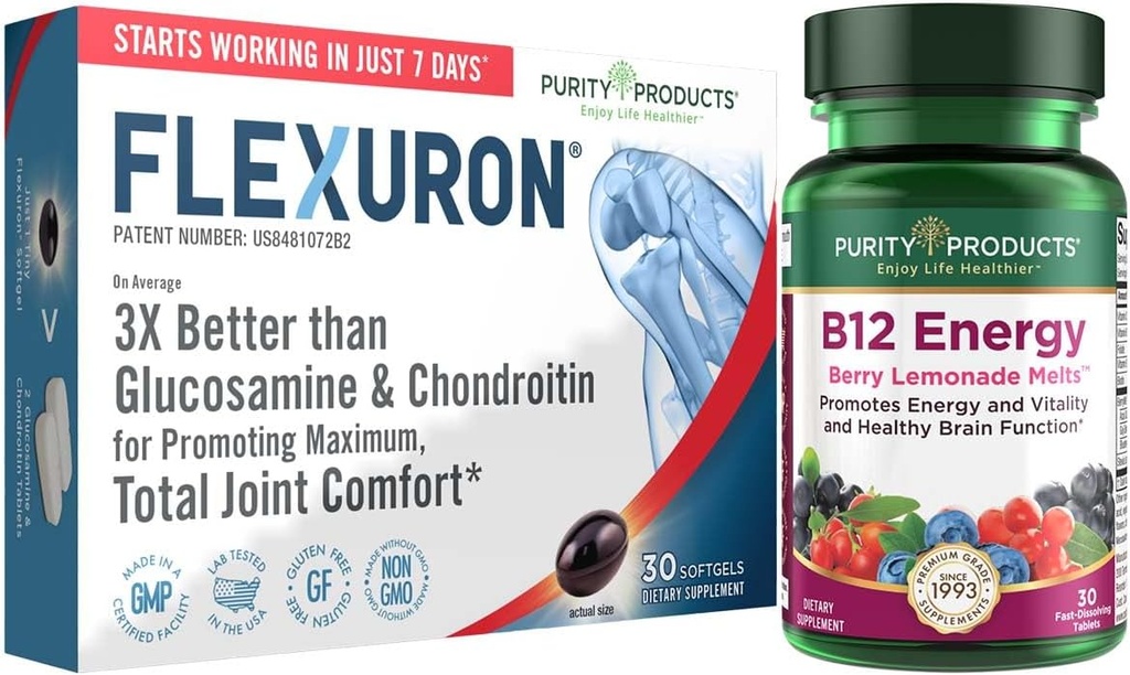 Produits de pureté Flexuron Formule de joint + B-12 Energy Melt Flexuron (huile de krill, acide hyaluronique à faible poids moléculaire, astaxanthine) - B12 Energy Melt (méthylcobalamine B12, vitamine D3, biotine +Plus)