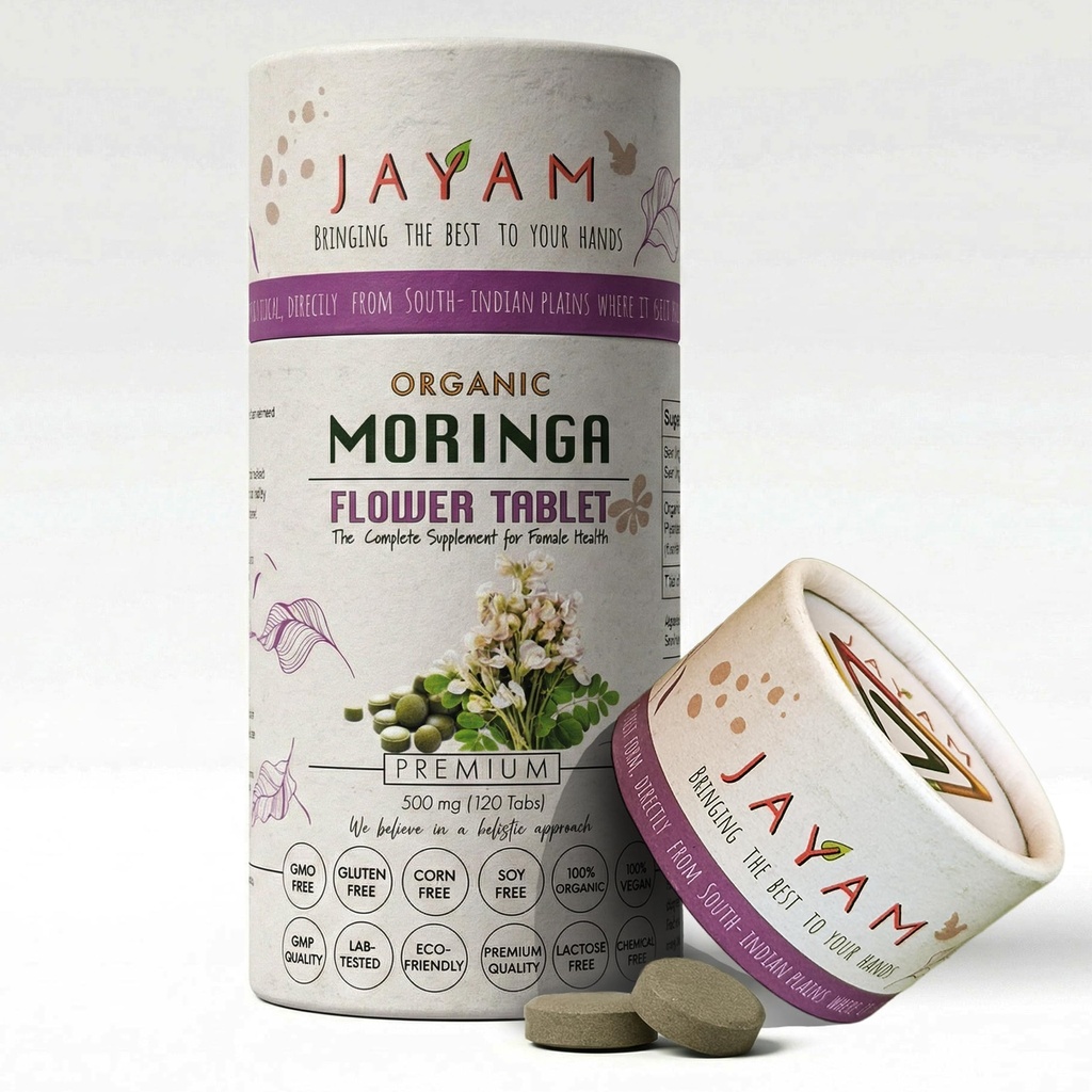 JAYAM Organic Moringa Flower Tablets | Pure Moringa Blossom Botanical Supplement | Plant-Based Daily Women's Wellness Support | Vegan, Non-GMO, Single Ingredient | 120 Tablets, 2-Month Supply