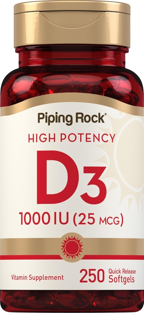 Pipping Rock Vitamine D3 1000UI , Haute puissance (25 mcg) , 250 Softgels , Supplément sans gluten