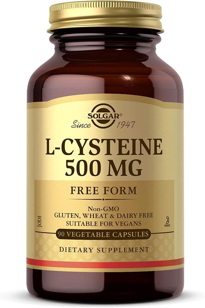 Solgar L-Cysteine 500 mg, 90 Capsules végétales - Forme libre Acid Amino - Kératine Support pour la peau, les cheveux et les ongles - Glutathion Support - Vegan, sans gluten, sans lait, sans casher - 90 portions