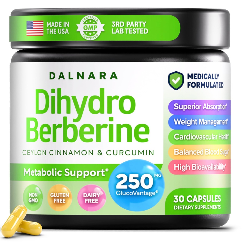 Dihydroberberine Extract, 250 mg GlucoVantage | DHB Supplement, Dihydroberberine Capsules, Berberine DHB, Metabolic Wellness, Balanced Energy, Dihydroberberine with Ceylon Cinnamon, Non-GMO, 30 Count