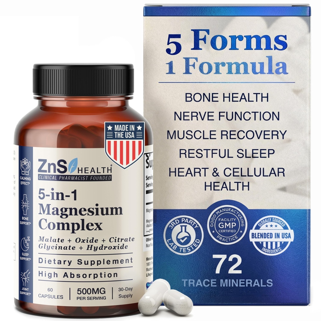 Spectrum 5 Magnesium Complex for Women & Men – 5 Magnesium Complex Supplement with Glycinate, Malate, Citrate & Hydroxide for Sleep, Muscle Recovery & Calm – 500mg Vegan – 60 Capsules