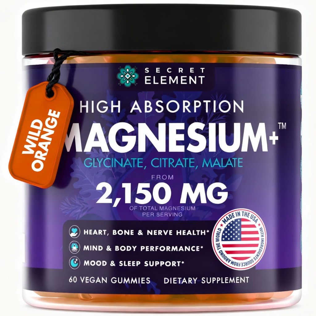 Magnesium Glycinate 2150MG, High Absorption Magnesium Glycinate, Citrate, Malate, Sugar-Free,Vegan, Inspired by Wellness Traditions Like Arjuna, 60 Wild Orange Flavor Chews