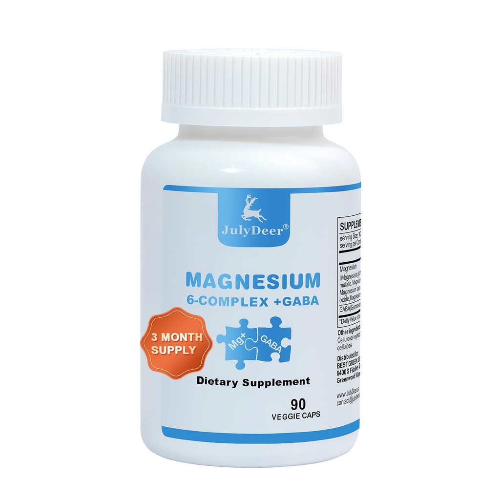 JulyDeer Sixfold Magnesium Complex | 350mg of Magnesium Glycinate, Malate, Citrate, Taurine, Oxide, Mg+ for Muscles,Nerves,& Energy, GABA Sleep Support | High Absorption | Vegan | 90 Capsules