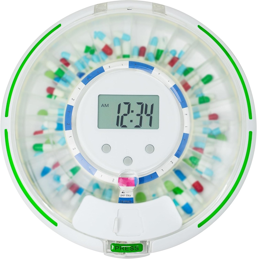 Distributeur automatique de pilules, Organisateur de médicaments de 28 jours Lock, jusqu'à 6 doses par jour, 6 modèles posologiques, alertes sonores et lumineuses et clé pour les vitamines, suppléments (gel gelé)