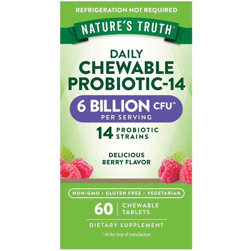 Nature's Truth Probiotic Chewable for Men and Women | 6 Billion CFU | 60 Count | 14 Strains | Berry Flavor | Vegetarian, Non-GMO & Gluten Free