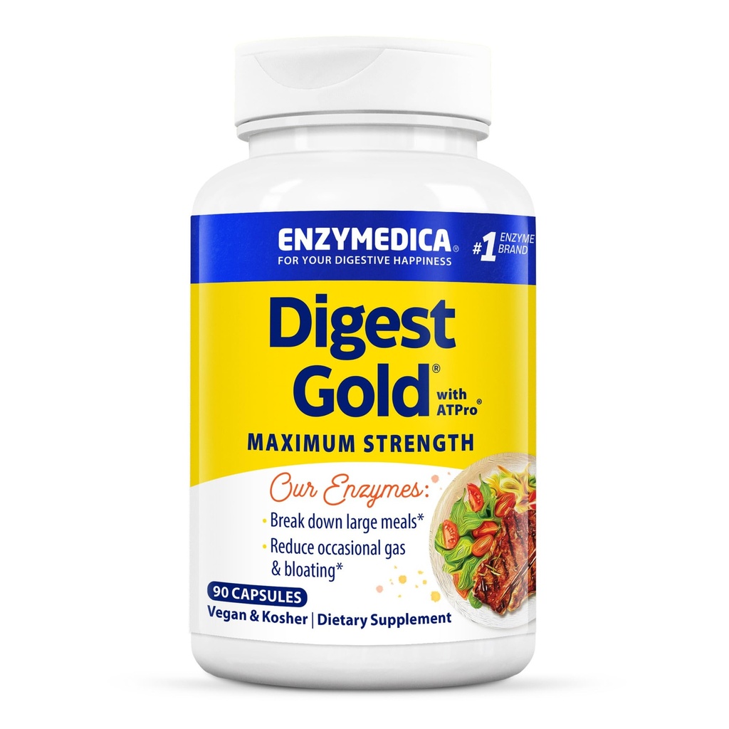 Enzymedica Digest Gold + ATPro, Maximum Strength, Fast-Acting, Helps Digest Large Meals, Alleviates Bloating and Gas, 90 Capsules