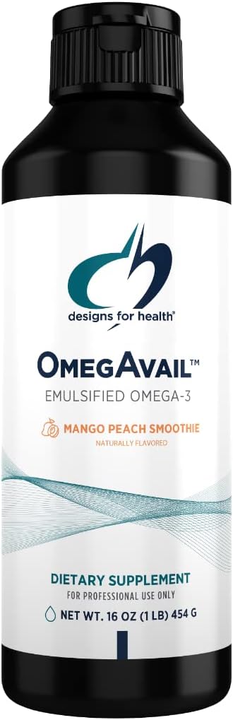Designs for Health OmegDisp Smoothie - Omega 3 TG Triglycéride Huile de poisson Emulsion avec DHA + EPA - Supplément liquide pour cardiovasculaire + soutien du cerveau, Mango Peach Flavor (43 portions / 16 oz)