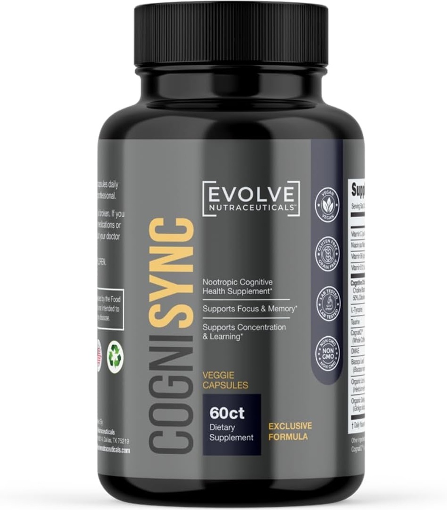 Cognisync Nootropic Cerveau Supplément santé 60ct, 12 ingrédients puissants, Lion's Mane, Alpha-GPC, Amélioration cognitive, Soutien du brouillard cérébral, Soutien mémoire, Smart Drug Alternative