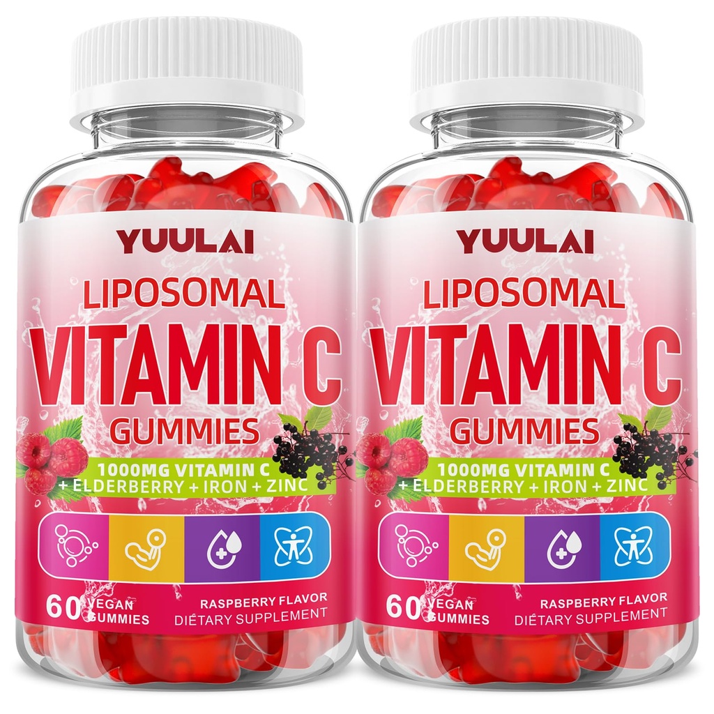 Pack of 2 Liposomal Vitamin C 1000mg Gummies for Adults, Vitamin C Chewable with Iron, Zinc & Elderberry for Immune Support & Energy, Sugar Free, Raspberry Flavor, 120 Count