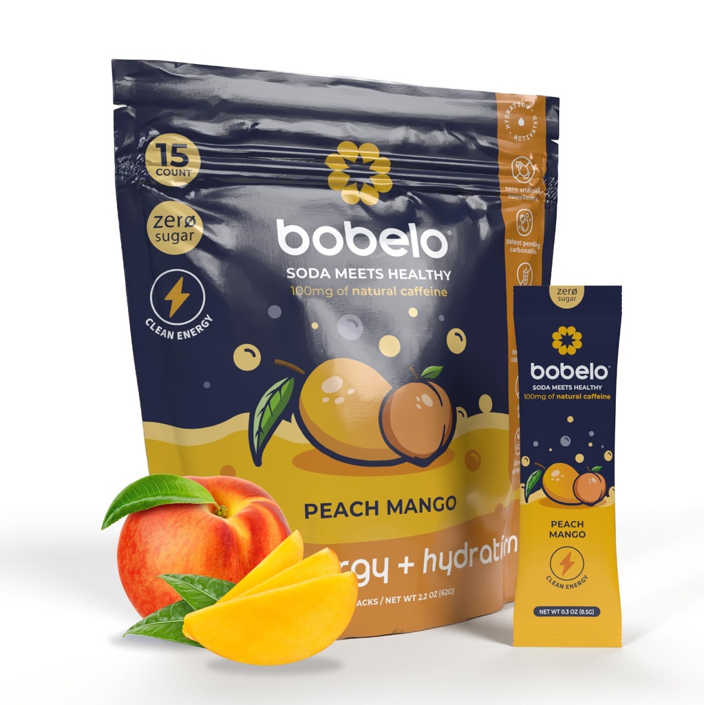 Bobelo Natural Energy Drink Powder, Peach Mango, 15 Count, Sugar Free, Self Carbonating, 100mg Caffeine, Low Calorie, Keto
