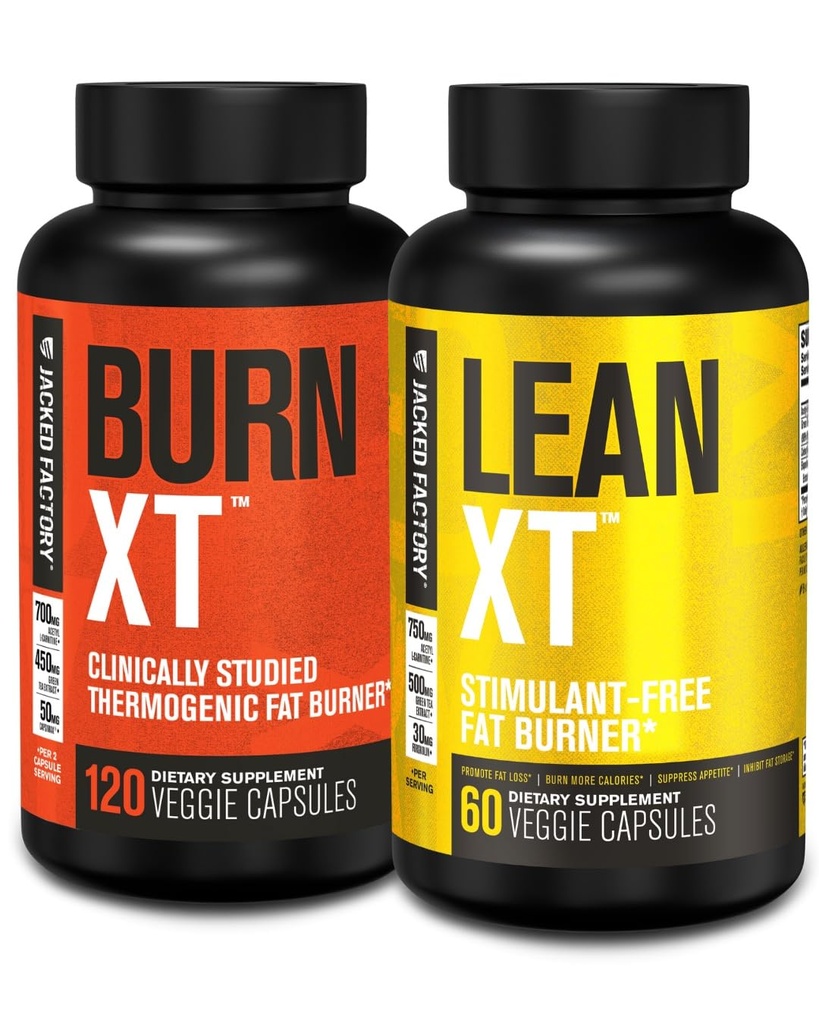 Brûlure d'usine Jacked-XT Clinically Studied Fat Burner & Weight Loss Supplement - Comprimant d'appétit et Booster d'énergie (120 capsules) et Lean-XT Fat Burner sans caféine (60 capsules)