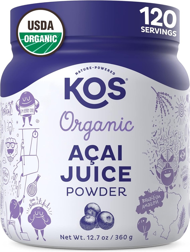 KOS poudre de jus d'açai biologique - USDA certifié biologique, antioxydants à base de plantes, Superberry du Brésil, idéal pour les smoothies et les bols, 0g sucre, végétalien, sans gluten, non-OGM - 120 portions