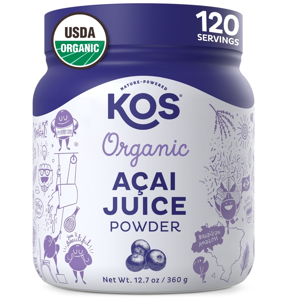 KOS poudre de jus d'açai biologique - USDA certifié biologique, antioxydants à base de plantes, Superberry du Brésil, idéal pour les smoothies et les bols, 0g sucre, végétalien, sans gluten, non-OGM - 120 portions