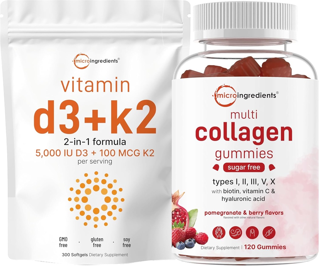 Micro Ingredients Vitamin D3 5,000iu + K2 100mcg Softgels & Multi Collagen Peptides Gummies Bundle Pack | Essential Sunshine Vitamins | Type I,II,III,V,X Protein with Biotin, Hyaluronic Acid, & Vitami