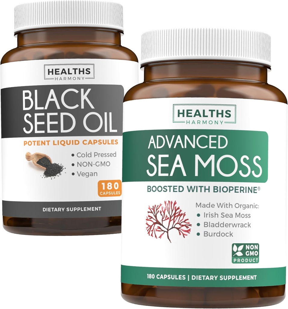 Huile de graines noires et mousse de mer d'Irlande (3 mois d'approvisionnement) - Power Duo Bundle of Black Seed Oil (180 capsules) Nigella Sativa à pression froide et mousse de mer d'Irlande (180 capsules) avec biopérine et bladderwrack