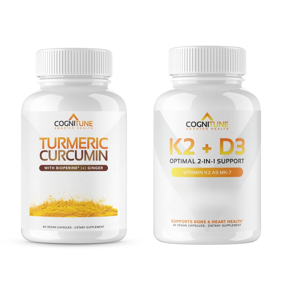 Ensemble de soutien immunitaire et cardiovasculaires CogniTune - Vitamine D3 5000IU + Vitamine K2 avec curcumine et gingembre