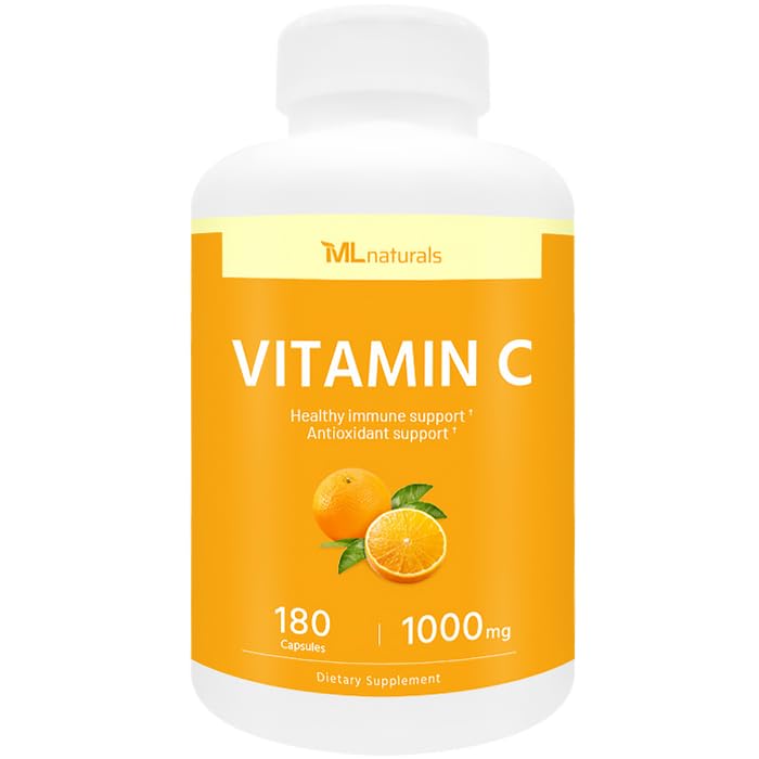 ML Naturals Vitamin C 1000mg Per Serving, 180 Gelatin Capsule, Long-Lasting Effect, Gluten-Free | Long-Lasting Effect, Gluten-Free