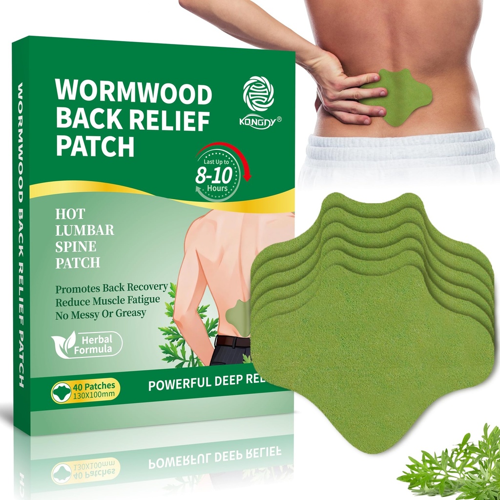 KONGDY Wormwood Back Patches, 40 Count Herbal Plaster Patches, Maximum Strength Hot Relief for Back, Neck, Knee, Shoulder, Muscle, Joint