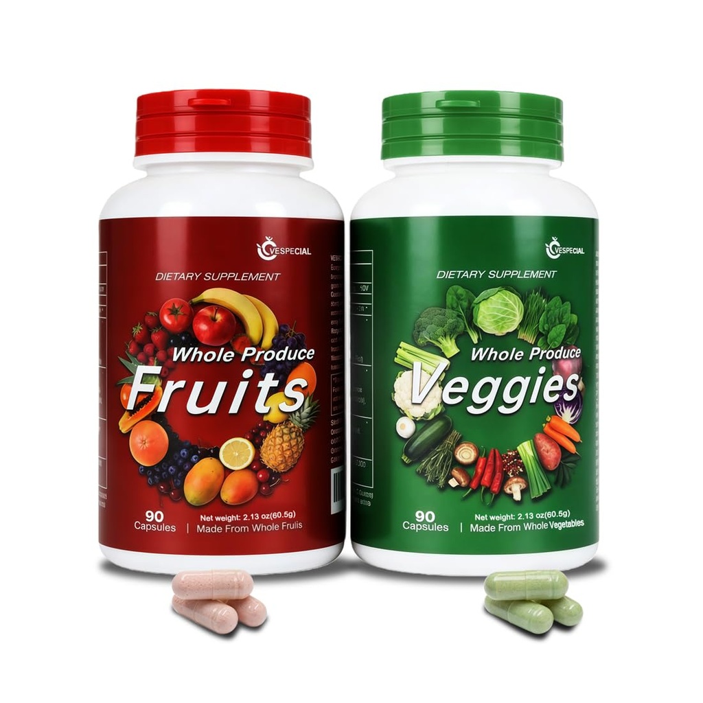 Fruit and Veggies Supplement – Whole Food Natural Superfoods Ingredients with 34 Fruits and Vegetables, 180 Total Vegetarian Capsules with Vitamins and Minerals, Soy Free, Non-GMO