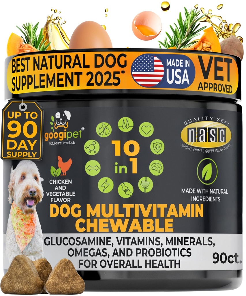Googipet Premium 10 en 1 Vitamines de chien Multivitamines à croquer avec des probiotiques pour la santé des Guts, Vitamines de chien et suppléments avec/Vitamine C et Glucosamine pour le soutien conjoint (Chicken & Saveur végétale)