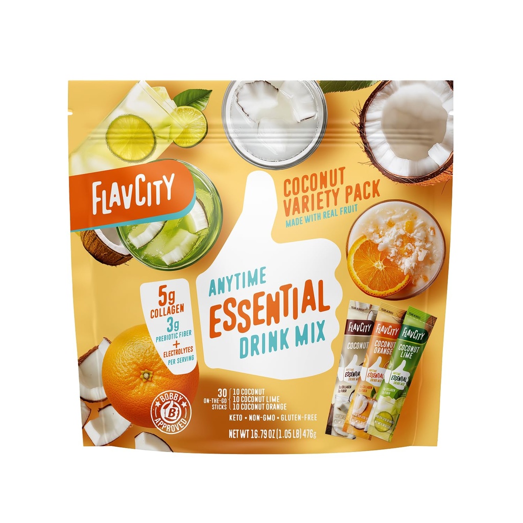 FlavCity Anytime Essential Coconut Variety Pack - Powder Drink Mix Packets with Collagen & Coconut Water - Water Flavoring Packets in 3 Flavors - Collagen, Fiber & Electrolytes (30 Stick Packs)