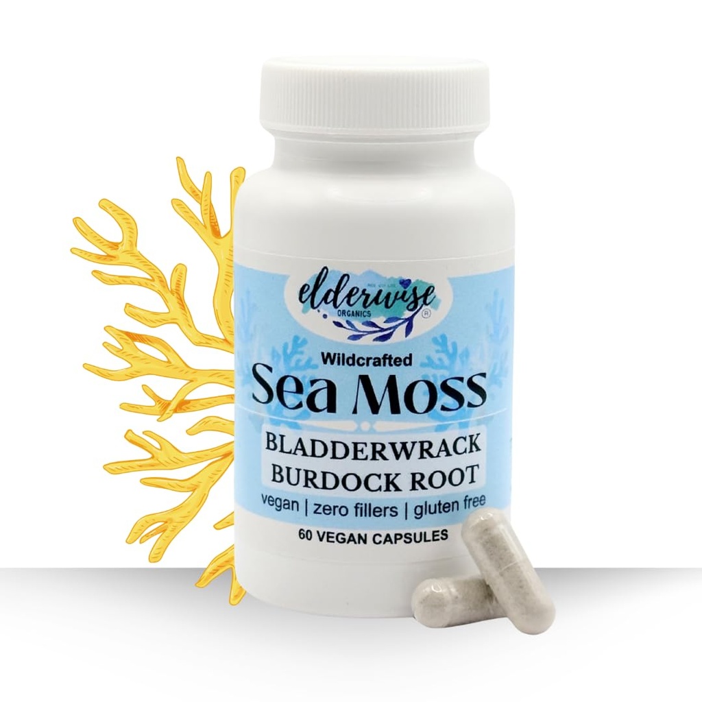 Elderwise Sea Moss Capsules - Sea Moss with Burdockroot & Bladderwrack - Superfood Supplement - 60 Vegan Capsules - 30 Day Supply - Dosage 2 a Day - 1400 mg