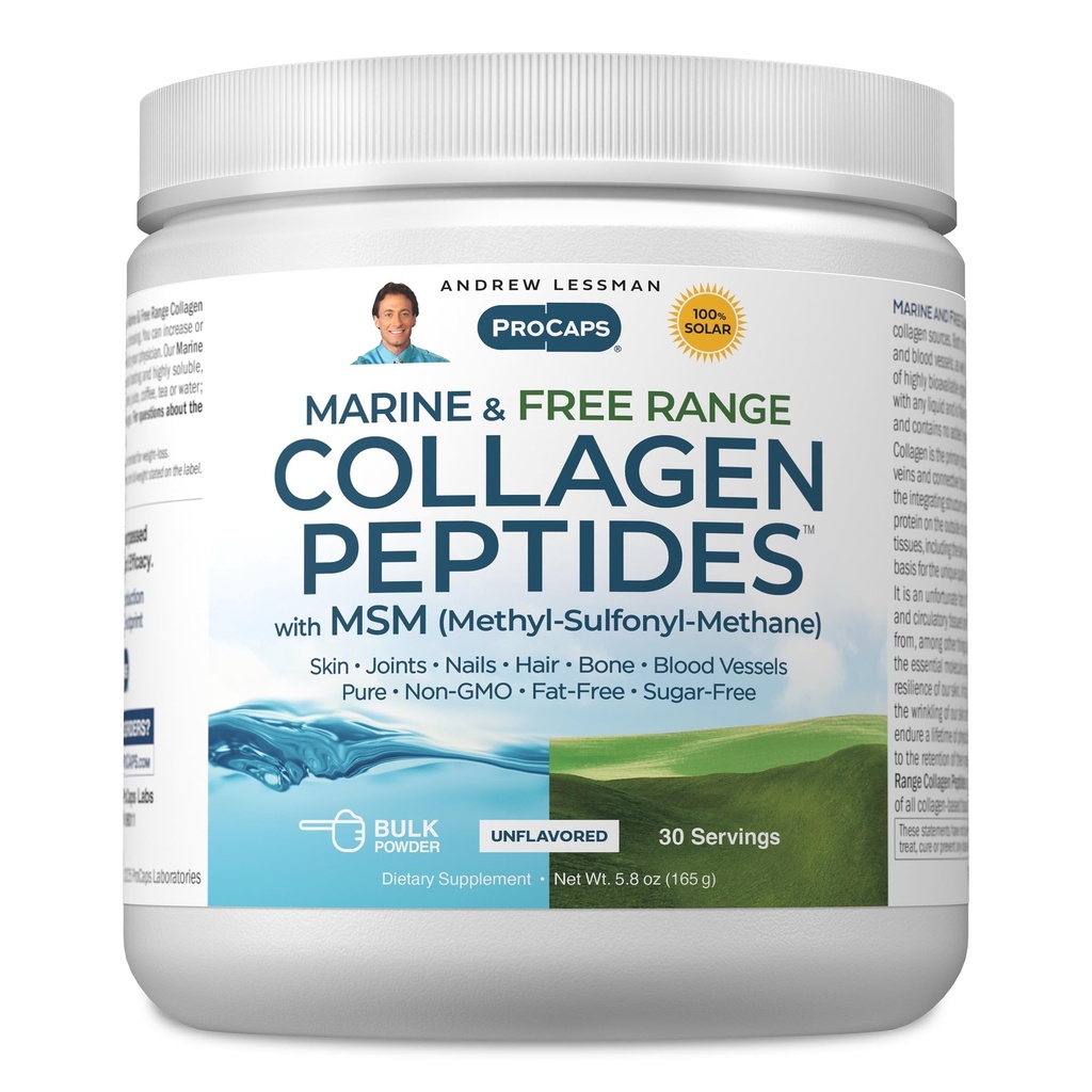 ANDREW LESSMAN Marine, Free Range Collagen Peptides Powder and MSM 30 Servings - Supports Radiant Smooth Soft Skin, Comfortable Joints. Super Soluble No Fishy Flavor No Additives Non-GMO