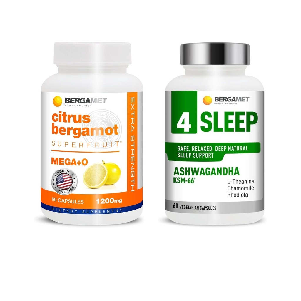 BergaMet Supplement Bundle – Citrus Bergamot Extract 170:1 with Polyphenols Plus 4 Sleep Support with Ashwagandha, Rhodiola, Chamomile and L-Theanine | Daily Nutrition Formula | 60 + 60 Capsules