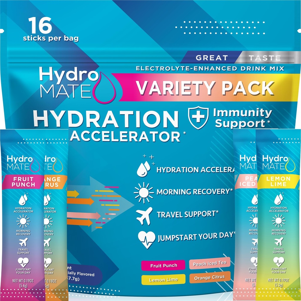 HydroMATE Électrolyte Powder Pack de variétés Hydratation Packs Faible sucre 16 Compte