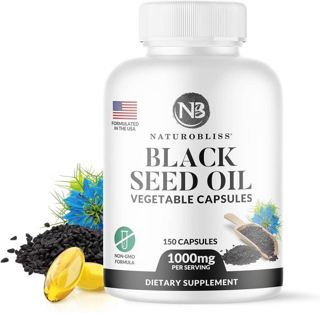 NaturoBliss Black Seed Oil - 150 Capsules Softgel Skin Health (Non-GMO & Vegan) Premium Nigella Sativa pressée à froid Produire de l'huile de graines de cumin noir pur - 1000mg Par 2 Capsule Servant - 75 Servants