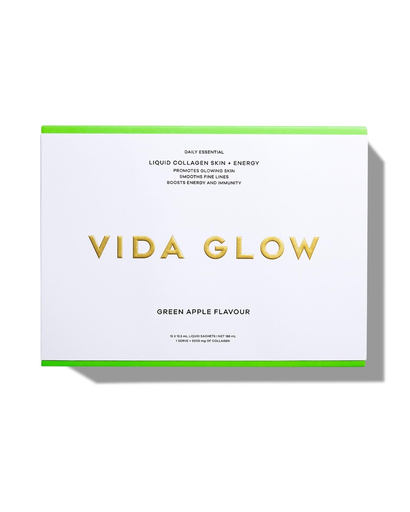 Vida Glow Liquid Collagen Skin + Energy, Double Dosage of Natural Marine Collagen & Added Antioxidant Complex to Address Skin Ageing, Ready-to-Consume Liquid Collagen, Delicious Green Apple Flavor.