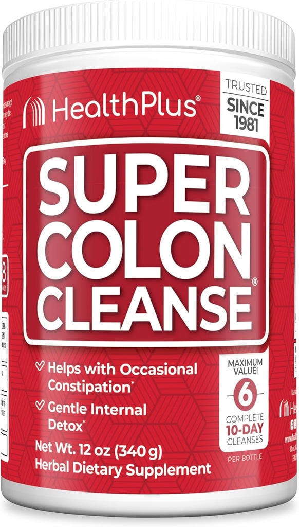 Health Plus Super Colon Cleanse, 12 oz en poudre, 68 portions - Détox naturel, soulagement de la constipation digestive, nettoyage doux de la gueule avec Psyllium Husk & Senna Leaf