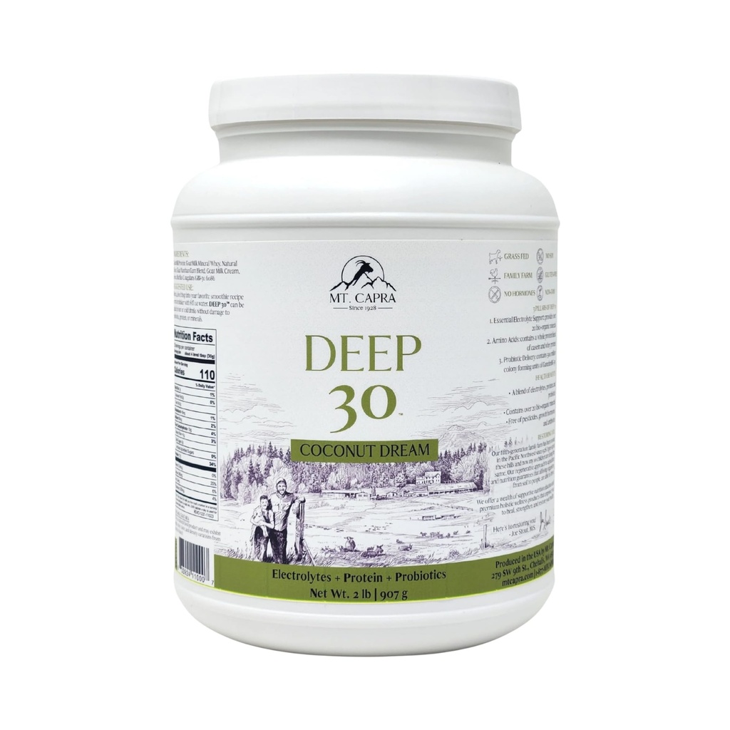 Mt. Capra Deep 30 | Meal Replacement Shake, Goat Protein Powder with Grass-Fed Whey Protein, Casein Protein, Minerals, and BC-30 Probiotics | Coconut Dream | 30 Servings - 2 Pounds