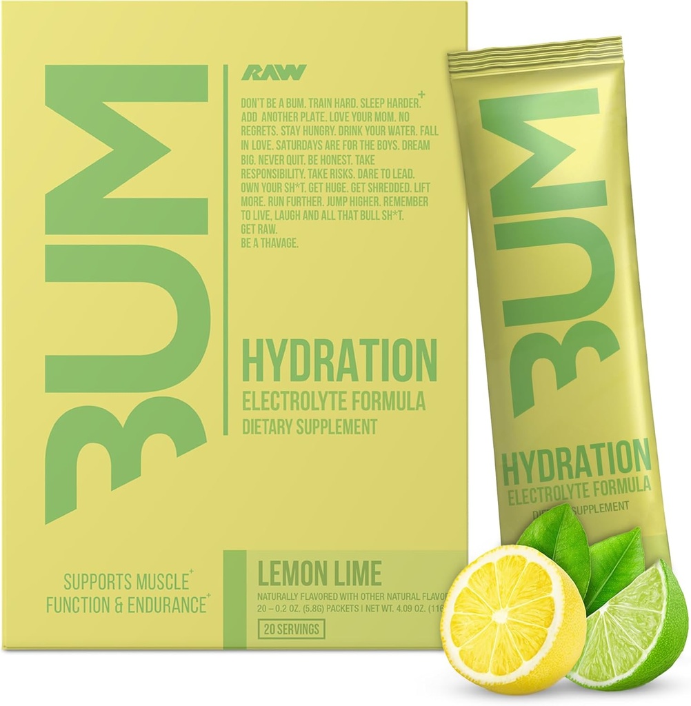 RAW Electrolytes Powder Drink Mix Packets, Bum Hydrate (Lemon Lime, 20 portions) - Electrolyte Hydratation Packets Supporte la fonction musculaire et l'endurance - Kéto Free Electrolytes Powder Packets