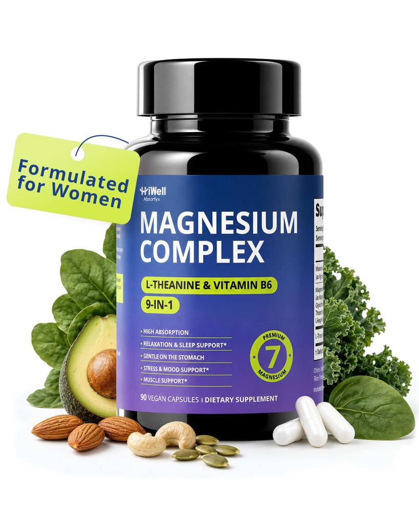Magnesium Complex for Women with Magnesium Glycinate & L-Theanine | 7-Form Magnesium, Vitamin B6, High Absorption, Gentle Sleep Support, Melatonin-Free, Vegan Capsules, 45-Day Supply