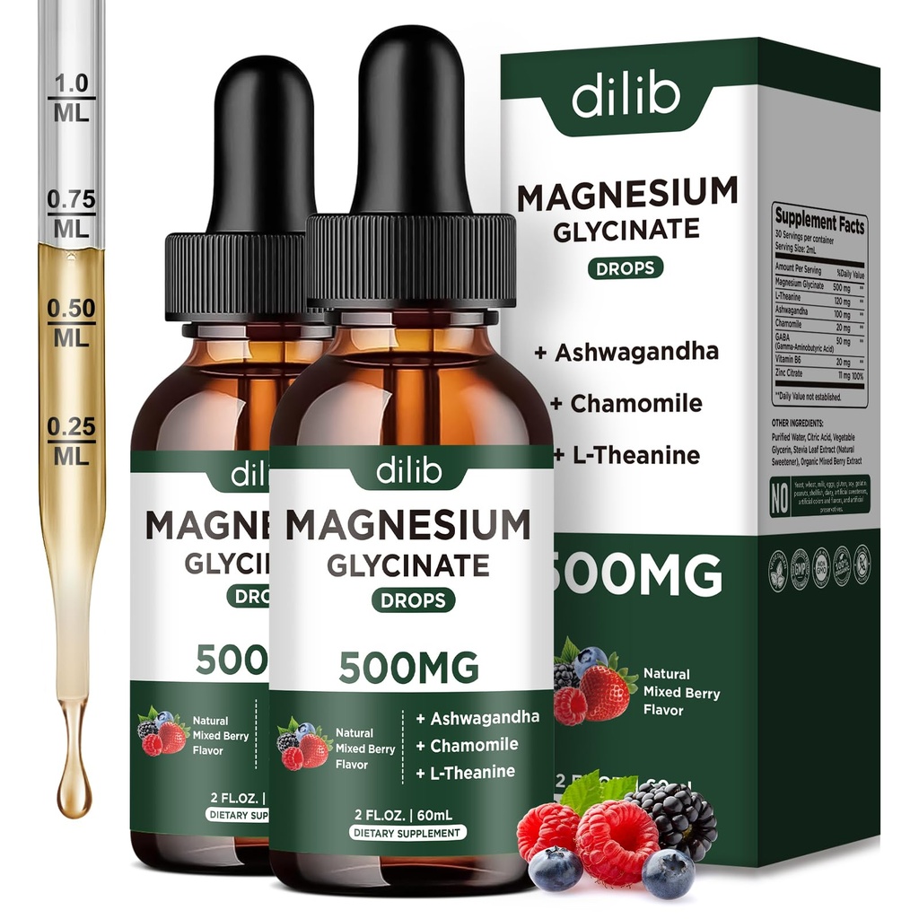 Magnesium Glycinate Liquid Drops Supplement, with Magnesium Glycinate 500mg Ashwagandha, L - Theanine, Chamomile -Support Stress Relief, Bone, Muscle, Mood Mixed Berry Flavor 2Pack