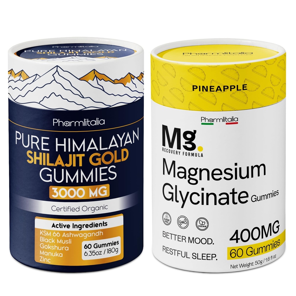 Magnesium Glycinate & Pure Himalayan Shilajit Gummies Bundle – Sleep, Muscle Recovery & Energy – High Absorption Magnesium 400mg + Gold Shilajit with Ashwagandha for Strength & Vitality – 2 x 60 Count