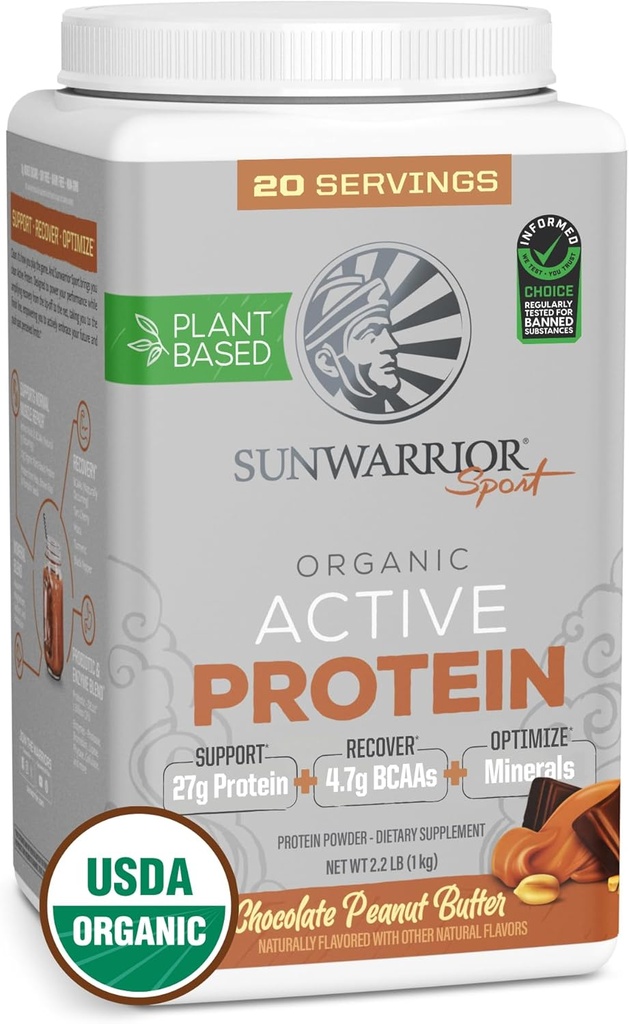 Sunwarrior Poudre de protéines organiques à base de plantes de Végétalienne Poudre de protéines organiques avec BCAAs Plus Récupération Minéraux et botaniques de soja non OGM Laiterie et sans gluten (Beurre d'arachide chocolaté, 20 portions)