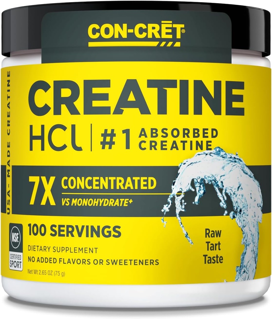 CON-CRET Creatine Powder HCl , Muscle, Cognitif, Cellular Energy Support , Pas de bloating ou de crampes , USA Made & NSF Certifié , Sans saveur (100 serving)