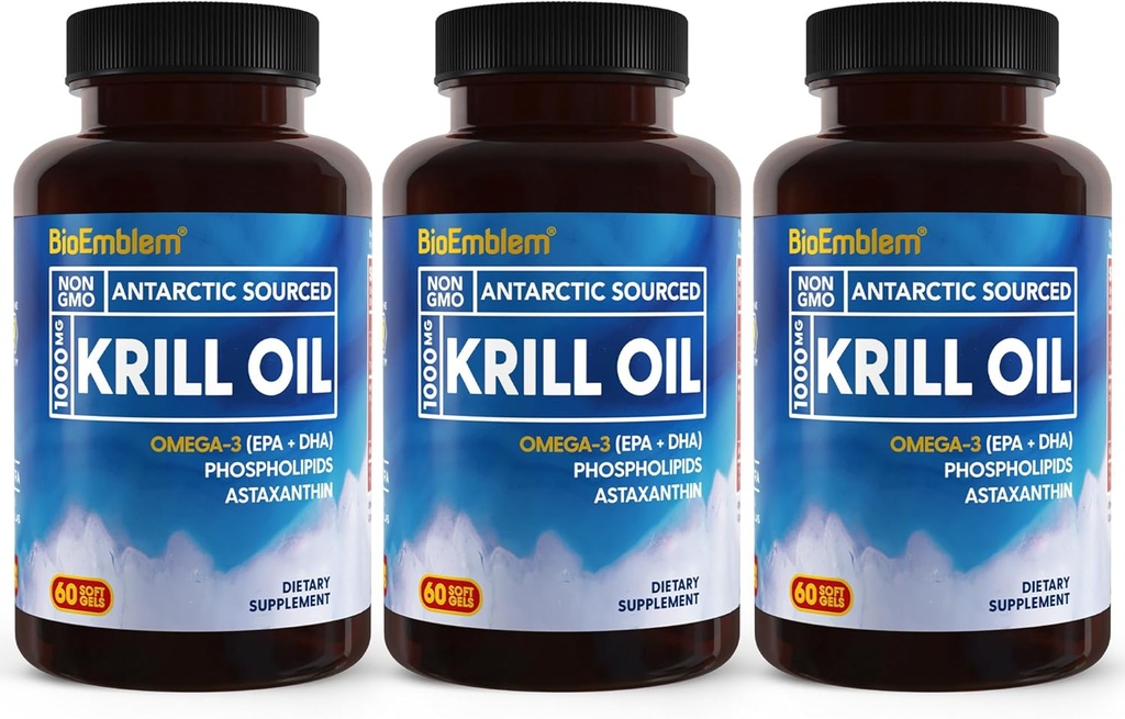 BioEmblem 3 Pack Antarctic Krill Oil 1000mg Softgels, Oméga-3s Oil avec des niveaux élevés d'EPA + DHA, Astaxanthine, et Phospholipides, soutient la santé du cerveau, 180-Count Non-OGM, sans gluten, 90 jours d'approvisionnement