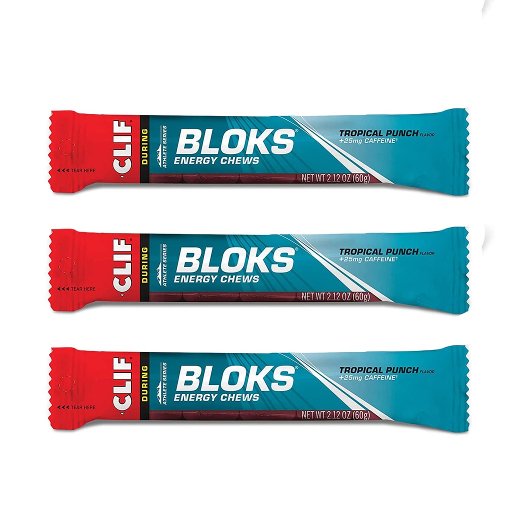 CLIF BLOKS - Chews d'énergie - Punch tropical avec 25 mg de caféine- Non-OGM - Alimentation végétale - Carburant rapide pour le vélo et la course - Snack d'entraînement (2.1 Ounce Packet, 3 comte)