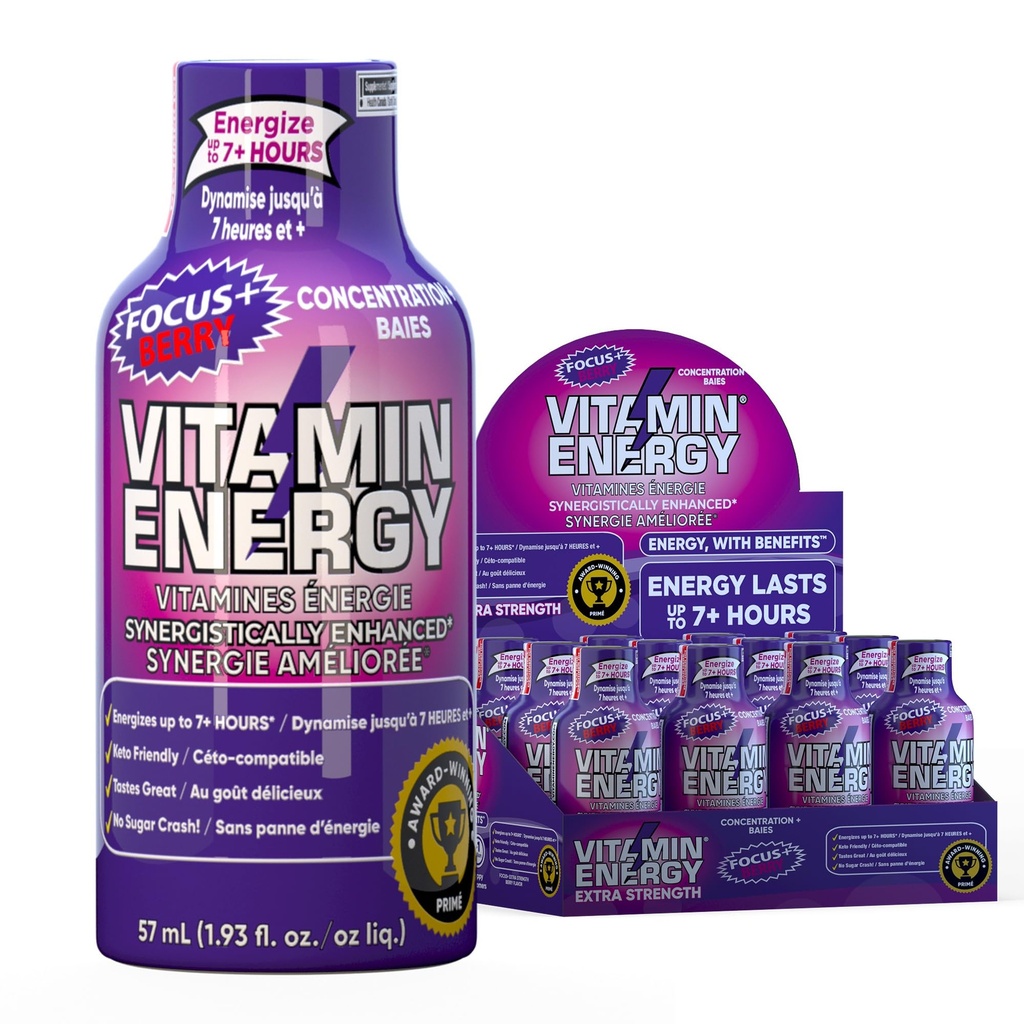 Vitamine Energy Focus+ Extra Strength Energy Shot Berry 12 Pack, 260mg Caféine naturelle, B-Vitamines, CoQ10, Acides aminés, Focus, Productivité et Clarté, Zéro sucre, Sans gluten, 1,93 fl oz