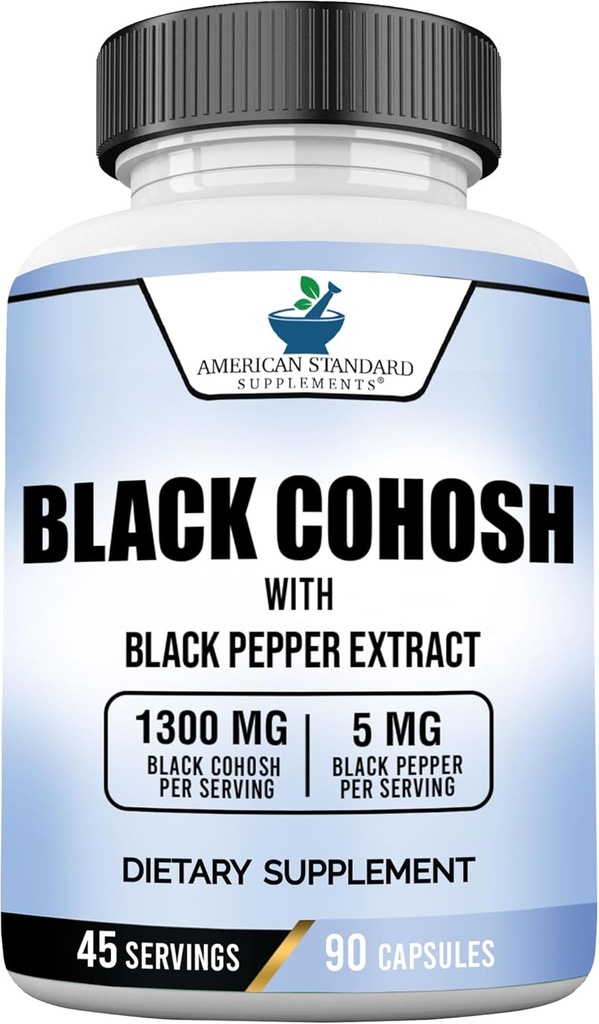 Suppléments standard américains Cohosh noir 1300mg par portion avec extrait de poivre noir - végétalien, sans gluten, non-OGM, 90 capsules, 45 portions